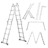 Miscoos 6-in-1 Mehrzweckleiter, 4.7M Klappbare Aluminium Leiter, 4 x 4 Gelenkleiter mit 16 Stufen, Anti-Rutsch, Stabil und Robust, bis 150 kg belastbar