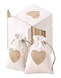 LAOYE 30 Stück Jutesäckchen 10 x 14CM Sackleinen Taschen Beige Schmuckbeutel mit Kordelzug Geschenktüten mit Herz Jutebeutel Leinensäckchen Geschenksäckchen für Schmuck Handwerk Hochzeit Party