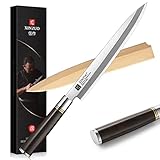 XINZUO Edelstahl 24cm Yanagiba Messer, X7Cr17MoV Stahl Sashimi Messer Einzelfase Klinge -Geschmiedet Kochmesser Profi Fischmesser -Ebenholzgriff -mit Scheide aus Birkenholz