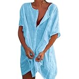 Figarge Damen Strandkleid Bikini Cover Up mit Rund Ausschnitt Knopfleiste Kurzarm 3/4 Sleeve Sommer Strandurlaub Badeanzug Strandtunika (DE/NL/SE/PL, Alphanumerisch, XL, Regular, Regular, hellblau)