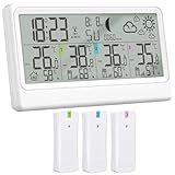 Wetterstation Funk mit 3 Außensensor, Innen- und Außenthermometer, Hygrometer, Barometer, Digitale Funkwetterstation mit 8,5'LCD-Display, Wettervorhersage, Mondphase, Wecker, Schlummerfunktion und RCC