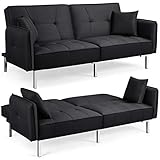 Yaheetech Klappbares Schlafsofa Bettsofa aus Leinenstoff Tagessofa mit 2 Kissen, Sofa Couch mit Bettfunktion Liegefläche 177 cm L × 110 cm B fürs Wohnzimmer/Schlafzimmer/Gästezimmer Hellgrau