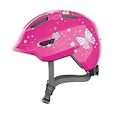 ABUS Kinderhelm Smiley 3.0 - Fahrradhelm mit tiefer Passform, kindergerechten Designs & Platz für einen Zopf - für Mädchen und Jungs - Pink mit Schmetterlings-Muster, Größe M