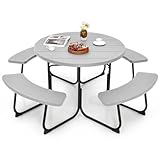 COSTWAY Sitzgarnitur für 8 Personen, Picknicktisch mit Schirmloch & 4 Bänken, runder Gartentisch mit HDPE-Tischplatte und Metallgestell, Gartengarnitur, Gartenmöbel, Sitzgruppe für Garten, Grau