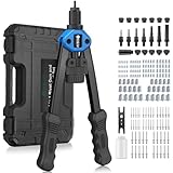 JiGiU Nietzange Set, 2 In 1 Nietmutternzange Blindnietzange mit 7 Art Metrische Dorne M3-M12 und 5 Nietköpfen 3.2-6.4mm, inkl. 110pcs Nietmuttern & 50pcs Blindnieten Nietmutterwerkzeug Satz (Blau)