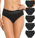 Wealurre Damen Unterhosen Spitze Slip Baumwolle Hipster Damen Höschen Unterwäsche Frauen im 5er Pack, Schwarz, L