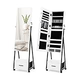 COSTWAY Schmuckschrank mit Spiegel, Schmuck Spiegelschrank mit Schublade, auf Rollen, abschließbar, freistehend, 42 x 38 x 157 cm (Weiß)