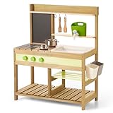 Gaint Bean Matschküche Kinder Outdoor, Holzspielzeug Spielküchenset für Jungen und Mädchen im Alter von 3–8 Jahren, Drinnen und Draußen Aktivitäten mit Wasserspüle-Aktualisierte Version (Wood)