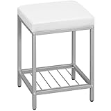 eSituro Sitzhocker Schminkhocker, Badhocker Badezimmerhocker mit Ablage, Polsterhocker mit Ablage, rechteckiger Hocker Schminktisch Couch Sofa, aus Leinen Metall, Weiß+Silber