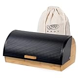 GREELUE Brotkasten Metall Holz, Brotbox Schwarz, Brot Aufbewahrungsbox groß, Brotkorb mit Deckel, Bread Box Küche, Brotbeutel (Schwarz-39cm)