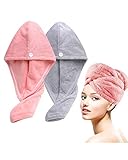 Lumimi 2er-Set Haarturban Kopfhandtuch aus Mikrofaser Extra Saugfähig Schnelltrocknend Flauschig Knopfverschluss Rosa Grau