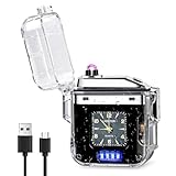 Elektrisches Sturmfeuerzeug Mit Uhr, LED Beleuchtung, IP56 Wasserschutz - USB Feuerzeug Ideal für Männer, Damen, Camping Gadgets, Outdoor Ausrüstung (Schwarz)