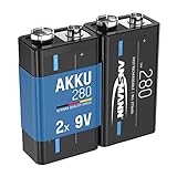 ANSMANN Akku E-Block 9V 280 mAh NI-MH, 2 Stück, geringe Selbstentladung, wiederaufladbar, ideal für Fernsteuerung, Messgeräte, Multimeter, Mikrofon