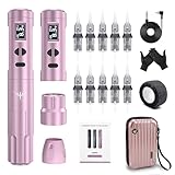 TATELF Permanent Make up Maschine Kabelloses Stift Set mit 2 Stk. Batterien 10PCS Patronen Nadeln OLED Display-Ausrüstung für Anfänger Rosa