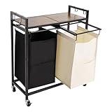 Wäschekorb 2 Fächer Wäschesammler Wäschesortierer Wäschesack auf Rädern mit Ablage Freistehende Abnehmbar Wäschetonne für Bad Schlafzimmer und Waschküche 69 x 30 x 78 cm