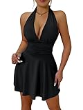 Sukiglam Sexy Kleid Damen Neckholder Minikleid Ärmelloses Tiefer V Ausschnitt Partykleid Rückenfrei Rüschenkleid Enges Kurz Kleider Bodycon Sommerkleid Tank Kleider Elegante Figurbetontes Clubkleid
