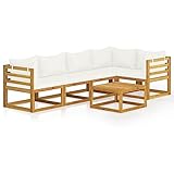 Willood Gartensofa 6-TLG. Garten-Lounge-Set mit Auflagen Creme Akazienholz Massiv Gartenmöbel Creme 3X Eckteil + 2X Mittelteil + Tisch