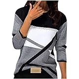 Meggsnle Tuniken Langarm Damen Elegant Damenmode Lässig Rundhals Geometrischer Farbblockdruck Lange Ärmel Bluse Leicht Farbblock Langarm Longshirt Lässige Oberteile Casual Tee Shirts