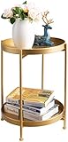 HollyHOME Runder Beistelltisch, 2 Ebenen Goldener Beistelltisch Metalltablett, Snacktisch, Couchtisch, Teetisch, Nachttisch, Sofatisch für Wohnzimmer Schlafzimmer Balkon Terrasse, Goldener