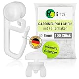 Rollina Gardinenhaken 8mm (100 Stück) inkl. 6 Feststeller | Gardinenröllchen für Schienen mit 3,5-4 mm Innenlauf | Gardinengleiter in Standardgröße | Vorhanghaken mit Stopper