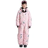 LSHDCER Jungen Schneeanzug Skianzug Mädchen Einteiler Ski Overall Wasserdicht Winter Warm Outdoor Outfit, Pinker Pinguin, 12-13 Years