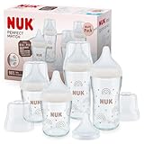 NUK Perfect Match Glas-Babyflaschenset | Ab 6 Mon. | Passt sich dem Baby an | Temperature Control | 4 Anti-Colic-Flaschen und zus. Silikontrinksauger | 120 ml & 230 ml | BPA-frei | Regenbogen | 5 St.