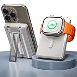 PORTENTUM MagSafe Powerbank Schnellladefunktion 5-in-1 mit klappbarem Ständer – 10000 mAh integrierte Kabel Lightning + USB-C – Power Bank 20W PD/QC kabellos Qi 15W – Ladegerät Apple Watch kompatibel