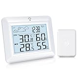 Urageuxy Thermometer Innen Außen, Digital Thermometer Hygrometer mit Wettervorhersage, Hygrometer, Weckzeiten, MIN/MAX-Aufzeichnung, 100m Reichweite, LCD Backlight Display