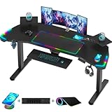 Devoko LED Gaming-Tisch 186cm, Höhenverstellbarer Schreibtisch, Höhenverstellbar Elektrisch mit Kabellosem Ladegerät, Steckdose, RGB-Mauspad und Tastaturablage, Computertisch