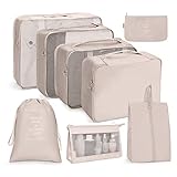 OSDUE Koffer Organizer Set 8-teilig, Packing Cubes, Wasserdichte Reise Kleidertaschen, Packtaschen für koffer, Verpackungswürfel mit Kosmetiktasche, Schuhbeutel, USB Kabel Tasche (Beige)