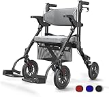 VOCIC 2 in 1 Rollstuhl Rollator Faltbar und Leicht mit Sitz,Outdoor Gummireifen für Allen Gelände,Leichtgewicht Rollatoren mit Netztasche,Aluminium Gehhilfer Transport-Stuhl,Schwarz(5 Jahre Garantie)