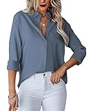 Homlan Damen Bluse V-Ausschnitt Hemd Langarm Elegant Lässige Oberteile Knopfleiste Hemdbluse Arbeit Einfarbig Langarmshirt mit Brusttaschen (Medium, Blau Grau)