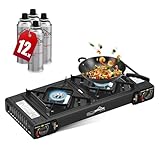 HOMELUX Gaskocher Campingkocher 2 Flammig für Grill Camper im Outdoor Camping - Schwarz (2 Flammig gaskocher+12 Gaskartuschen)