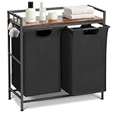 HAUSPROFI Wäschekorb 2 Fächer mit Ablage, Wäschesammler mit 2 Abnehmbaren Oxford-Tuchbeuteln und Metallrahmen, Schmutzwäschebehälter 2 x 46 Liter, 73 x 30 x 74 cm (Schwarz)