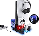 NexiGo PS5 Vertikaler Ständer mit Headset-Halterung und AC-Adapter für PS5 Disc & Digital Editions, RGB LED-Licht, Dual Controllers Ladegerät, 10 Game Rack Organizer, Media Remote Slots, Schwarz