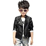 LSHDCER Kinder Jungen Lederjacke Übergangsjacke Mädchen Motorrad Lederimitat Mantel Frühling Herbst Kunstleder Bikerjacke, Schwarz, 104-110