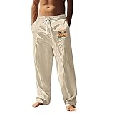 Generisch Herren Leinenhose Lange Weite Sommer Herbst Hose Reißverschluss Strandhose Kordelzug Yogahose mit Taschen Luftige Sommerhosen MäDchen Plissiert Kunst