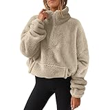 Generisch Damen Pullover Zipper Sweatshirt Elegant Langarm Mantel 2024 Mode Langarmshirt Oversized Dick Winterjacket Casual Übergangsjacke Teddy Fleece Oberteil Lässig Warm Fleecejack(A07 Khaki,S)