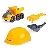Dickie Toys - Volvo Baustellen-Set Tough Hauler (4-TLG.) - großer Spielzeug-Muldenkipper (26 cm) mit Helm, Schaufel & Rechen-Sieb, Auto- und Sandspielzeug für Kinder ab 3 Jahre
