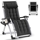 Huracan Liegestuhl Klappbar, Sonnenliege Wetterfest, Gartenstuhl Belastbar 200kg, Relaxliege Ergonomisches Extra Breit Verstellbare Rückenlehne, Gartenliege mit Nackenkissen & Getränkehalter, Schwarz