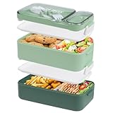 HENSHOW Lunch Box Erwachsene Bento Box - 1600ml Stapelbare Lunch Box Behälter für Erwachsene Große Bento Box mit Gabel Löffel Soßenboxen, Auslaufsichere Lunchbox für Arbeit Schule Essen, Morandi-Grün