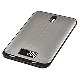 EMOS - digitale Küchenwaage mit Wandhalterung - aus Edelstahl - 10kg Maximalgewicht, Präzision bis zu 1g - TARA-Funktion, LCD-Display, inkl. Batterien - in g, kg, ml, oz, lb, tl einstellbar - silber