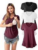 SUNNYBUY Verstecktes Still-Tops für Damen, doppellagig, V-Ausschnitt, Schwangerschafts-Shirts, Postpartum-T-Shirt, 3 Stück, Schwarz, Weiß, Burgunderrot, Groß