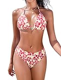 Nadeer Bikini Damen Set Triangel Bikini Sexy Neckholder Bikinioberteil Blumenmuster Push Up Zweiteiliger Badeanzug Niedrige Taille Bikinihose(Rote Blume,S)