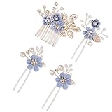 4 Stück Hochzeit Haarschmuck, Blau Mit Perlen Und Blumen für Braut, Brautjungfern, Kommunion, Prom Und Partei