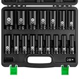 Ginour 17 tlg Schlagschrauber Nüsse Set 1/2 Zoll 10-32mm, CR-V 16 tlg Sechskant Kraft Nuss, Stecknuss Set mit 3/8' auf 1/2' Adapter Für pneumatische Schlagschrauber, elektrische Schlagschrauber