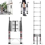 5M Teleskopleiter mit Haken, Edelstahl Verstärkt Leiter Klappleiter Ausziehleiter Tragbare Stehleiter Teleskop-Design mit Rutschfesten Gummifüßen, Mehrzweck-Leiter für Garten und Innen,Tragkraft 150kg