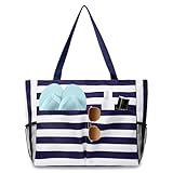 flintronic Große Strandtasche mit Reißverschluss, Streifen Wasserdicht Strandtasche, 43L Faltbare Leichte Badetasche Damen, Beach Tote Bag für Strand, Urlaub, Pool (Marineblau)