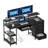 ODK Schreibtisch mit 4 Schubladen, Computertisch mit 2 Steckdosen und 2 USB Ladeanschluss, PC Tisch mit Regal, Gaming Tisch mit Tastaturablage fürs Büro, Wohnzimmer(Schwarz, 140x52x92cm)