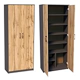 Mehrzweckschrank mit 8 Fächern Besenschrank Haushaltsschrank in mattem Finish mit 6 Einlegeböden und 2 Türen, 74 cm breit aus Laminatplatte und hochwertigen Polymergriffen graphit Eiche